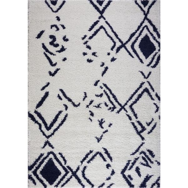 Tapis à poil long abstrait «Kenitra», 4' x 6', blanc/bleu