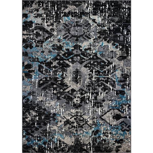 Tapis abstrait contemporain «Coronado», 5' x 8', noir/bleu