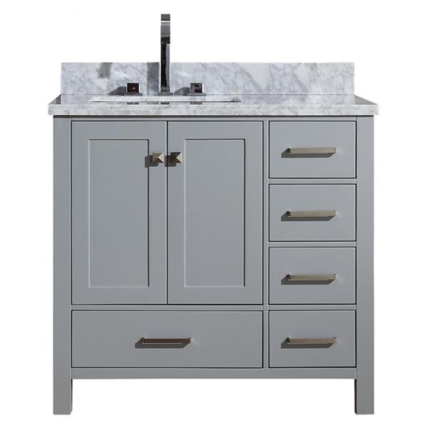 Meuble-lavabo simple de 37 po gris avec lavabo à gauche Cambridge par Ariel avec comptoir blanc de Carrare en marbre naturel