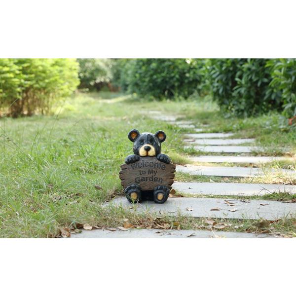 Statue de jardin, ourson avec panneau de bienvenue, 12,25"