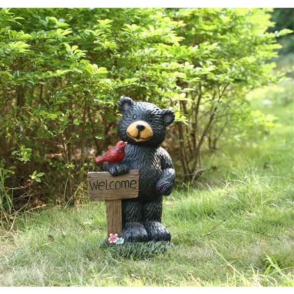 Statue de jardin, ours avec panneau de bienvenue, 18,5"