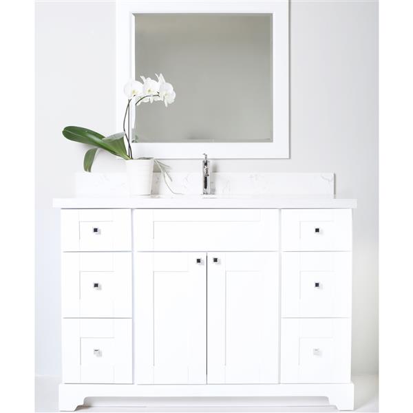 Meuble-lavabo simple blanc de 54 po Bold Damian par Lukx avec comptoir blanc de Carrare en quartz