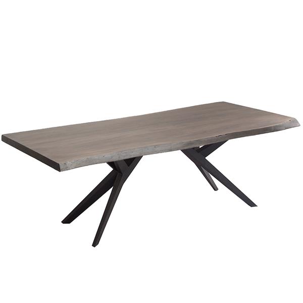 Table en bois d'acacia gris de Corcoran, 84 po, bords naturels, pattes en métal noir style "Airloft"