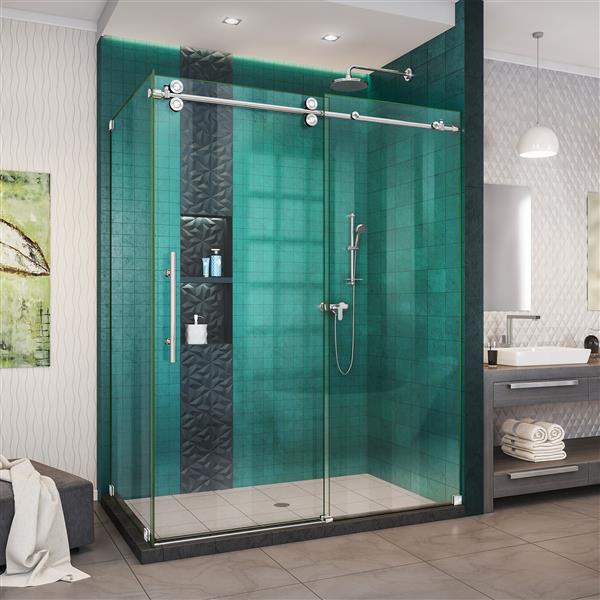 DreamLine Enigma-XO Shower Enclosure - Barn Door Sliding - 56.38-60.38-in x 76-in - Polished Stainless Steel
