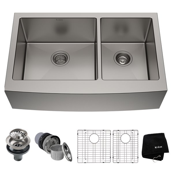 Kraus Standart PRO Apron front/Farmhouse Kitchen Sink - Double Offset Bowl - 35.88-in - Stainless Steel