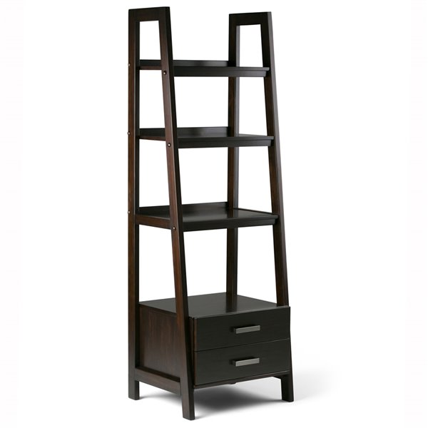 Simpli Home Sawhorse Ladder Shelf with Storage - Dark Brown - 74-in x 24-in