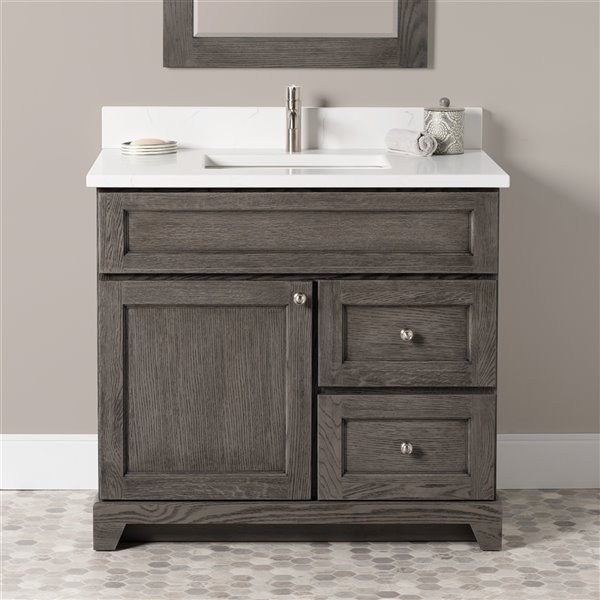 St. Lawrence Cabinets Richmond 36-in Grey-Brown Single Bathroom Vanity with White Carrera Quartz Top