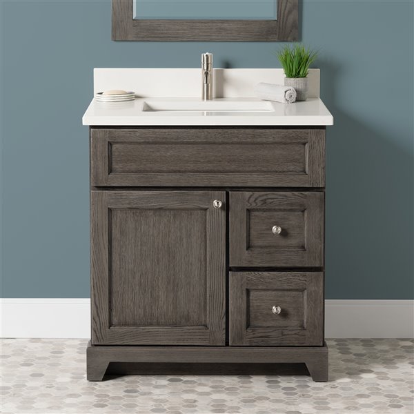 St Lawrence Cabinets Richmond 30 In Grey Brown Single Bathroom Vanity With Dover White Quartz Top Réno Dépôt