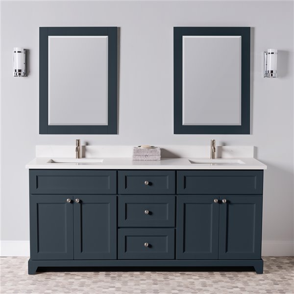 St. Lawrence Cabinets London 72-in Blue-Grey Double Sink Bathroom Vanity with Dover White Quartz Top
