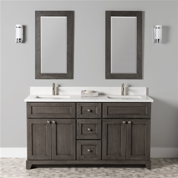 St. Lawrence Cabinets Richmond 60-in Grey-Brown Double Sink Bathroom Vanity with White Carrera Quartz Top