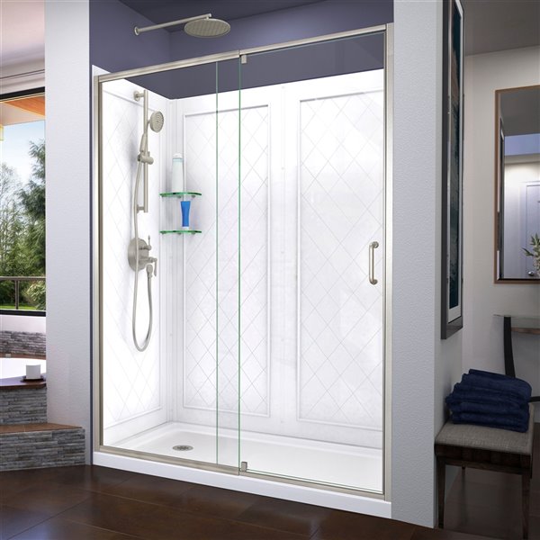 DreamLine Flex Shower Door and SlimLine Base - 60-in - Nickel