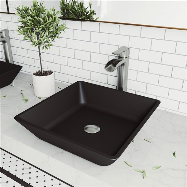 VIGO Roma Matte Black Bathroom Sink - 15.75-in - Brushed Nickel