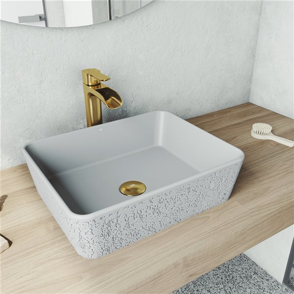 Vigo Zinnia Light Grey Bathroom Sink Matte Gold Faucet Vgt1509 Réno Dépôt - Bathroom Sink Pop Up Drain With Overflow In Matte Gold