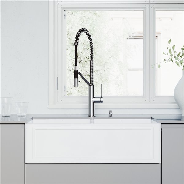 VIGO Matte Stone White Kitchen Sink with Stainless FaucetDouble Equal