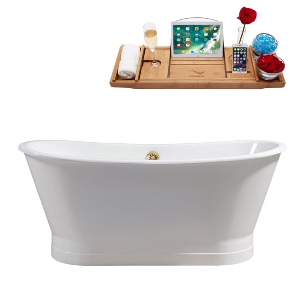 Streamline 27W x 67L Glossy White Cast Iron Bathtub and a Polished Gold