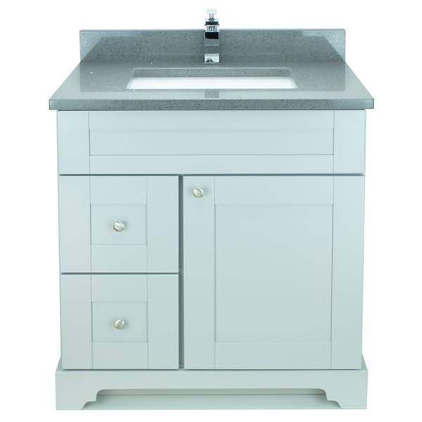 Lukx® Bold Damian Vanity With Quartz countertop Left Side Drawer 30in Grey BVGCG030L