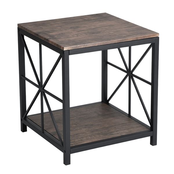 Table d'appoint industrielle carrée de FurnitureR, 19,7 po, brun foncé