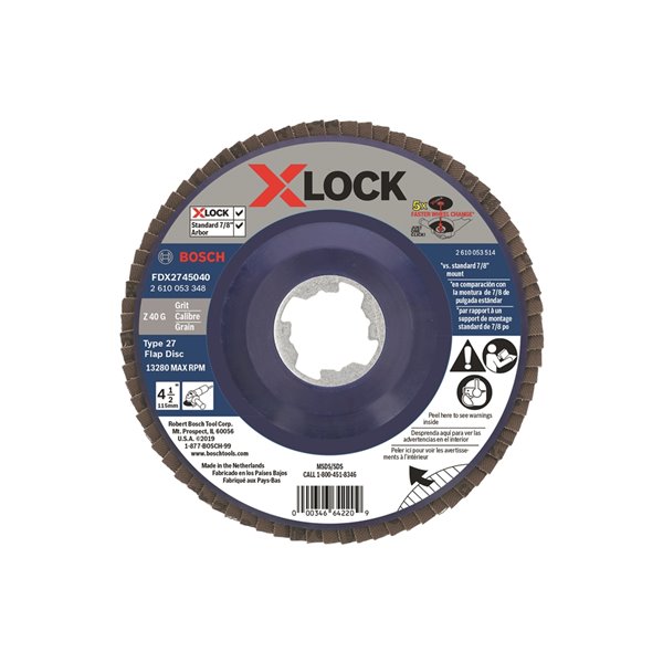 Bosch XLock Arbor Type 27 40 Grit Flap Disc 41/2in FDX2745040