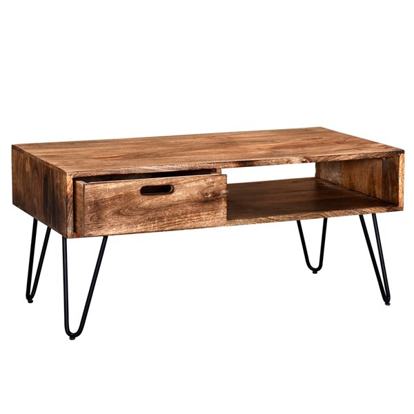 Table de salon !nspire de style rustique, structure noire et dessus de table en bois naturel