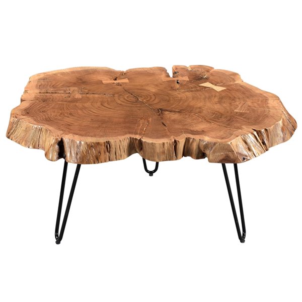 Table de salon !nspire de style mi-siècle, structure en métal noir et dessus de table en bois naturel