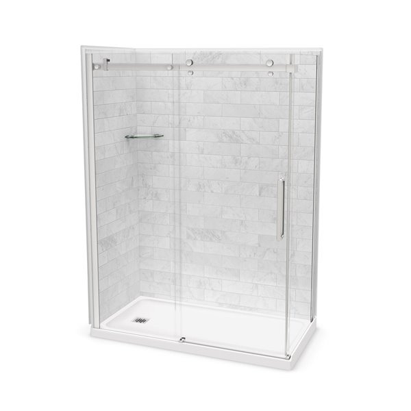 Charlotte Ensemble de douche 34 x 34 en acrylique avec drain central  blanche avec verre clair et fini chrome