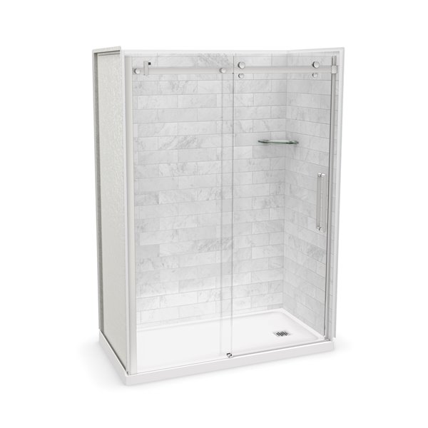 Ensemble de douche en alcôve Utile par MAAX marbre Carrara et chrome de 60 po x 32 po avec drain à droite, 5 pièces