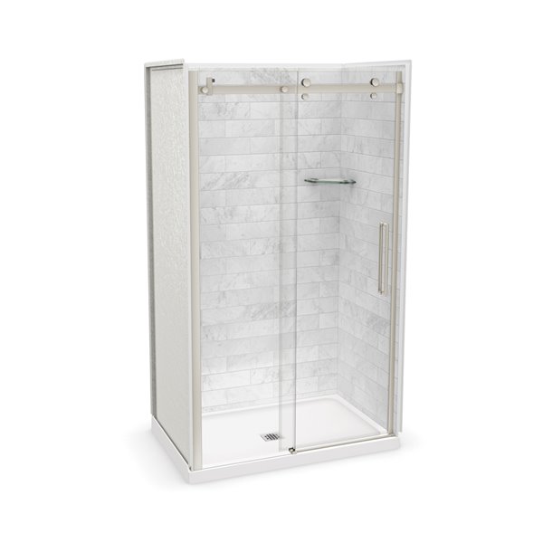 MAAX Utile 48-in x 32-in Marble Carrara and Brushed Nickel Alcove Shower Kit with Centre Drain - 5-Piece