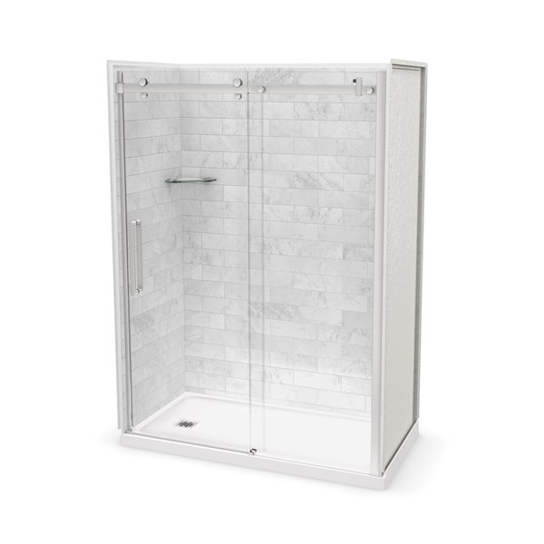 MAAX Utile 60-in x 32-in Marble Carrara and Chrome Alcove Shower Kit with Left Drain - 5-Piece