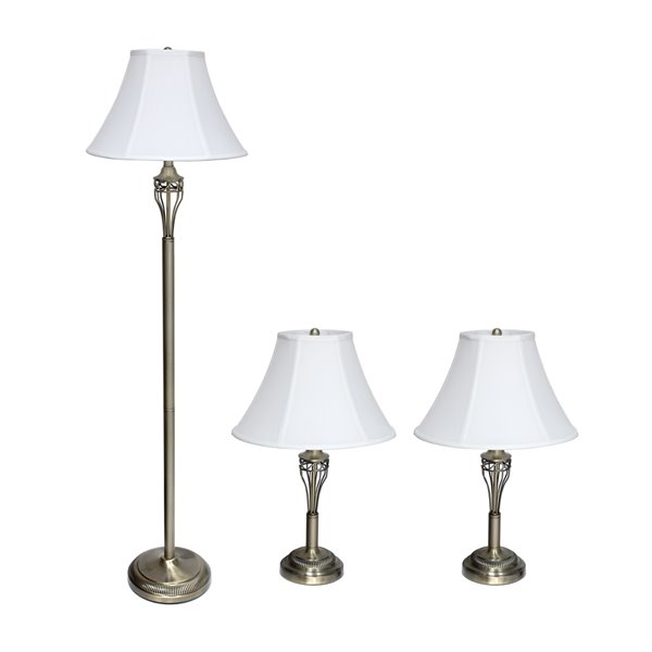 Elegant Designs 3-Piece Traditional Standard Lamp Set with White Shades (1 Floor Lamp and 2 Table Lamps) - Brass Fixtures