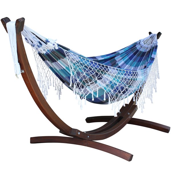 Vivere Brazilian Double Hammock - Cotton - with Solid Pine Arc Stand - Marina