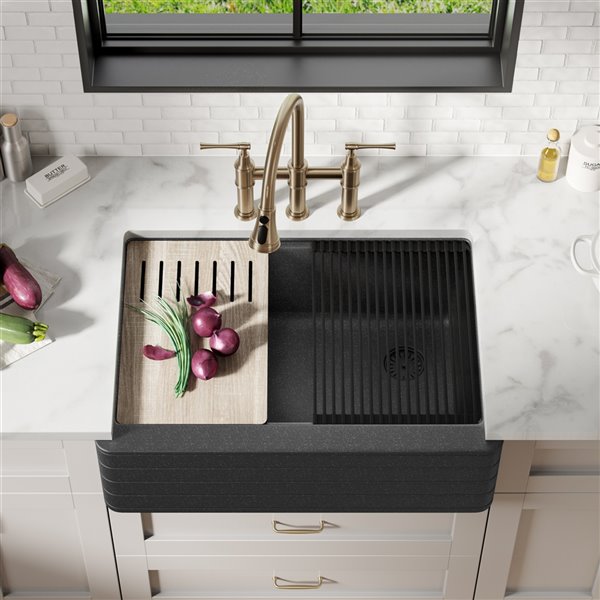 Kraus 30-in Apron Front Granite Sink in Black with Accessories KGF12 ...