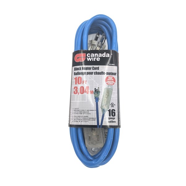 Rallonge électrique d'extérieur illuminée de Canada Wire, calibre moyen, SJTW, 3 fiches/3 prises, 10 pi, bleu