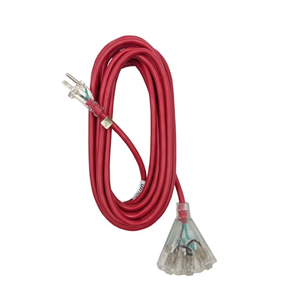 Rallonge électrique d'extérieur illuminée de Canada Wire, calibre moyen, SJTW, 3 fiches/3 prises, 30 pi, rouge