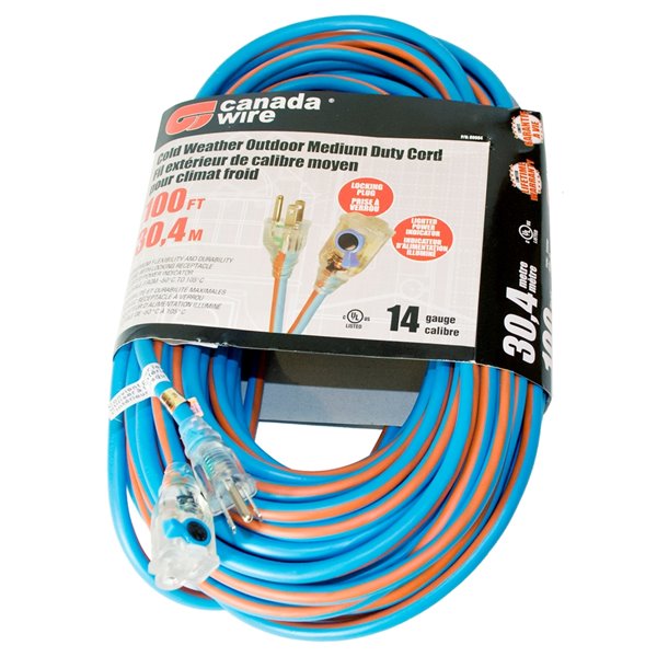 Rallonge électrique hivernale illuminée de Canada Wire, haut calibre, SJEOW, 3 fiches/3 prises, 100 pi, bleu/orange