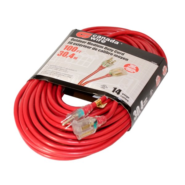 Rallonge électrique d'extérieur illuminée de Canada Wire, calibre moyen, SJTW, 3 fiches/1 prise, 100 pi, rouge