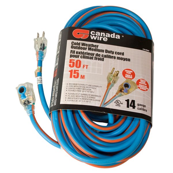 Rallonge électrique hivernale illuminée/verrouillable de Canada Wire, haut calibre, SJEOW, 3 fiches/3 prises, 50 pi, bleu/oran