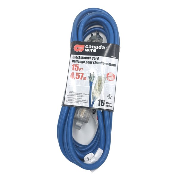 Rallonge électrique d'extérieur illuminée de Canada Wire, calibre moyen, SJTW, 3 fiches/3 prises, 15 pi, bleu