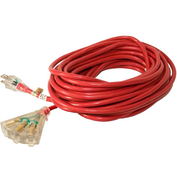 Rallonge électrique d'extérieur illuminée de Canada Wire, calibre moyen, SJTW, 3 fiches/3 prises, 50 pi, rouge