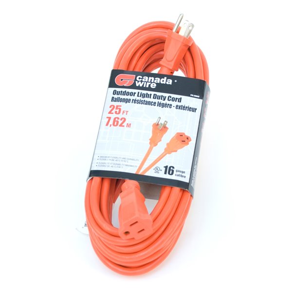 Rallonge électrique d'extérieur de Canada Wire, calibre léger, SJTW, 3 fiches/1 prise, 25 pi, orange