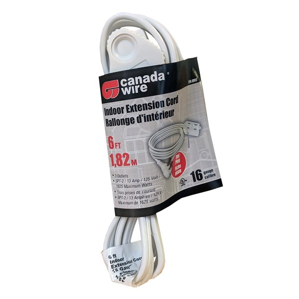 Rallonge électrique d'intérieur à fiche plate de Canada Wire, calibre léger, SPT2, 2 fiches/3 prises, 6 pi, blanc