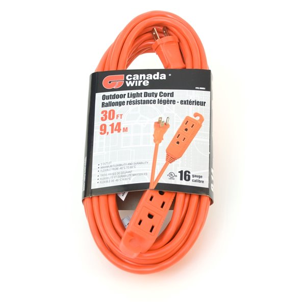 Rallonge électrique d'extérieur de Canada Wire, calibre léger, SJTW, 3 fiches/3 prises, 30 pi, orange