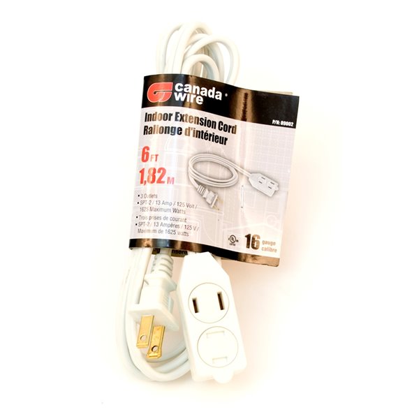 Rallonge électrique d'intérieur de Canada Wire, calibre léger, SPT2, 2 fiches/3 prises, 6 pi, blanc
