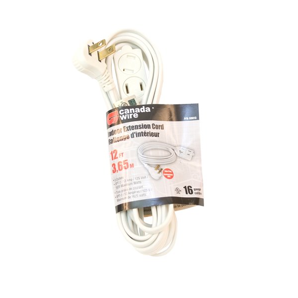 Rallonge électrique d'intérieur à fiche plate de Canada Wire, calibre  léger, SPT2, 2 fiches/3 prises, 6 pi, blanc 89012