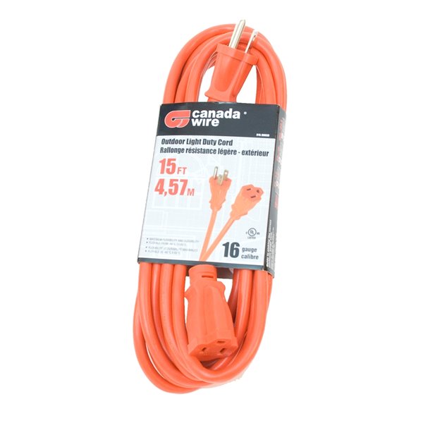 Rallonge électrique d'extérieur de Canada Wire, calibre léger, SJTW, 3 fiches/1 prise, 15 pi, orange