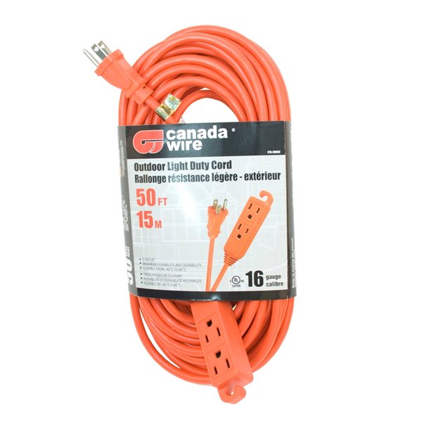 Rallonge électrique d'extérieur de Canada Wire, calibre léger, SJTW, 3 fiches/3 prises, 50 pi, orange
