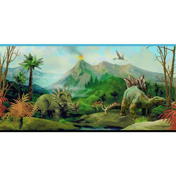 Bordure De Papier Peint Encolle Dinosaures De York Wallcoverings 9 Po X 15 Pi Bleu Vert Brun Reno Depot