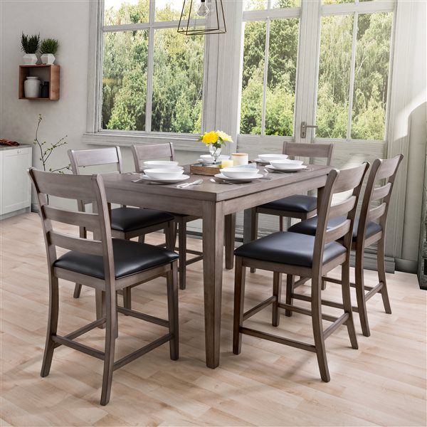 CorLiving New York Contemporary Dining Room Set with Rectangular Counter Table - 6-Chair - 35-in x 59-in - Washed Grey/Black