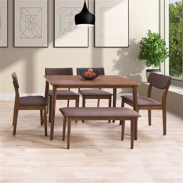 Ensemble de salle à manger Branson de CorLiving avec table rectangulaire, 4  chaises et 1 banc, 27 po x 45 po, noix chaude/br DSW-300-Z4