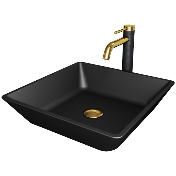 Vigo Roma Square Glass Vessel Bathroom Sink Faucet And Drain Included 15 75 In X 15 75 In Matte Shell Black Vgt2016 Réno Dépôt