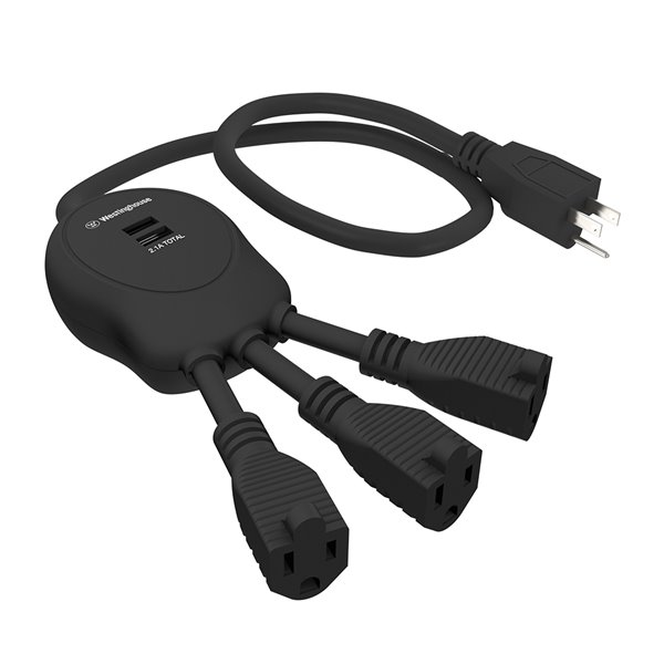 Multiprises flexibles de Westinghouse, 3 prises et 2 ports USB, noir 91495